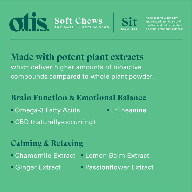 Benefits list for honey salmon flavored CBD Soft chews for small + medium dogs.