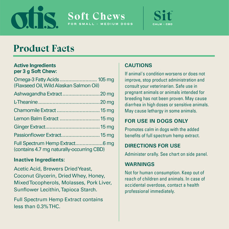 Product Facts for honey salmon flavored CBD Soft chews for small + medium dogs.