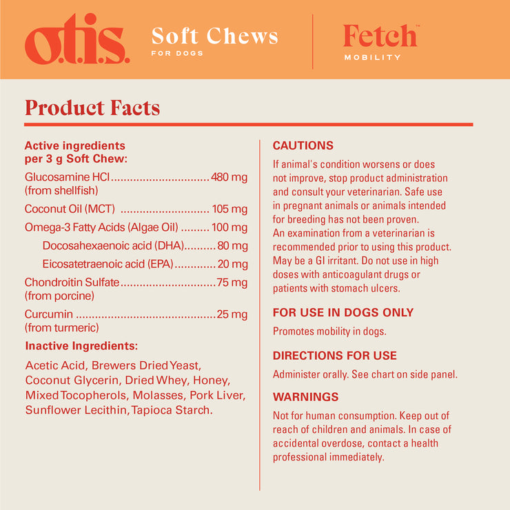 Product facts for "Fetch" Mobility, honey pork flavored soft chews for dogs