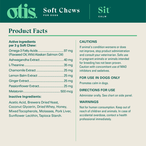 Product facts for "Sit" Calm, honey salmon flavored Soft chews for dogs