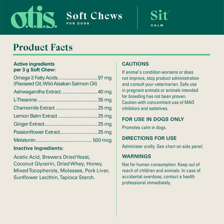 Product facts for "Sit" Calm, honey salmon flavored Soft chews for dogs