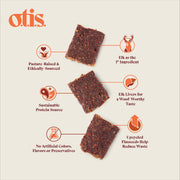 Image of individual pieces Wild Things Elk Jerky; sustainable, grass-fed, elk treats for dogs, labeled with product benefits.