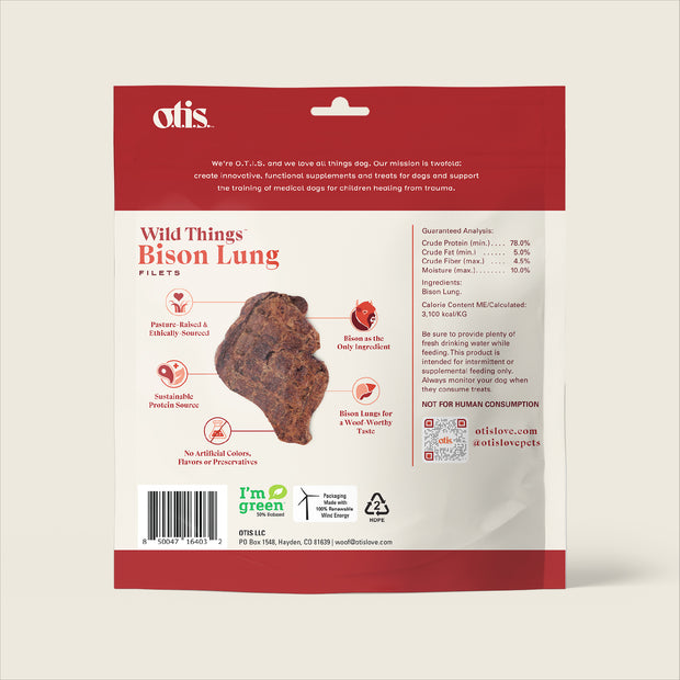 Back of package for Wild Things Bison Lung Filets; sustainable, grass fed, air dried bison lung treats for dogs