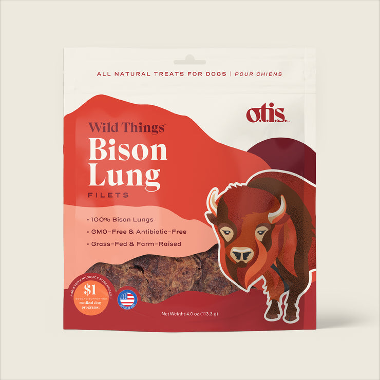 Front of package for Wild Things Bison Lung Filets; sustainable, grass fed, air dried bison lung treats for dogs