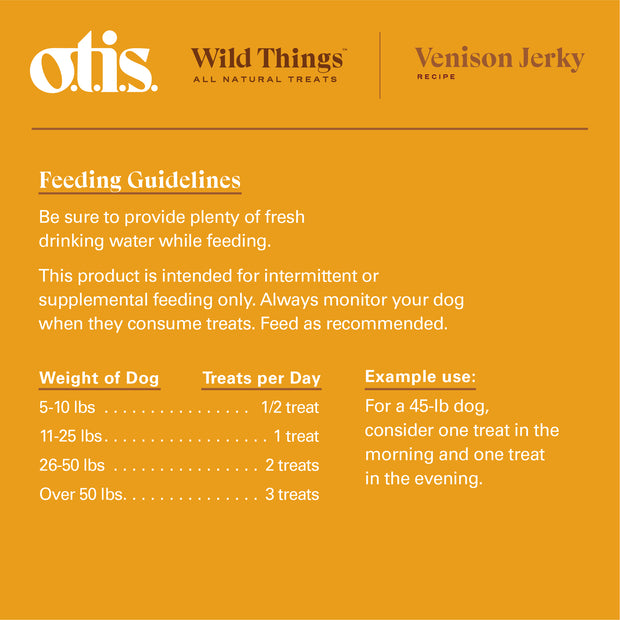 Feeding guidelines for Wild Things Venison Jerky; sustainable, grass fed, venison treats for dogs.
